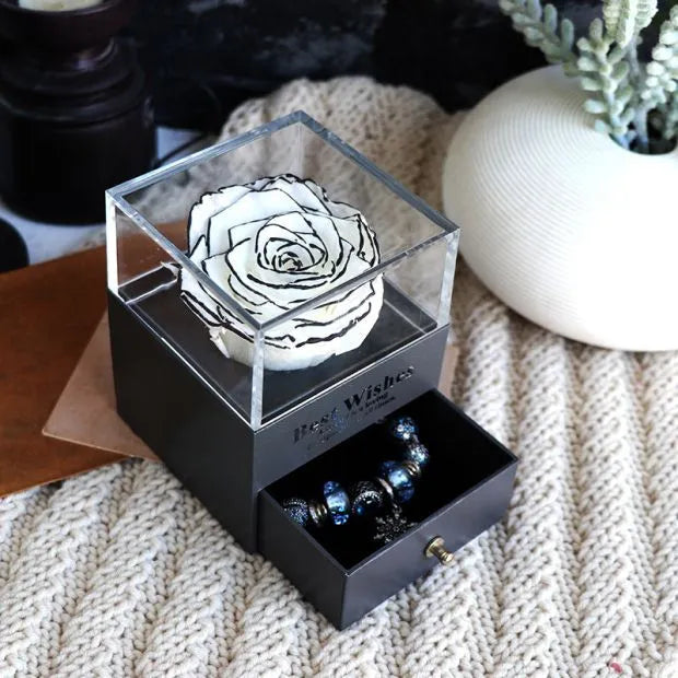 Preserved eternal rose and carnation gift box in glass display case for jewellery storage