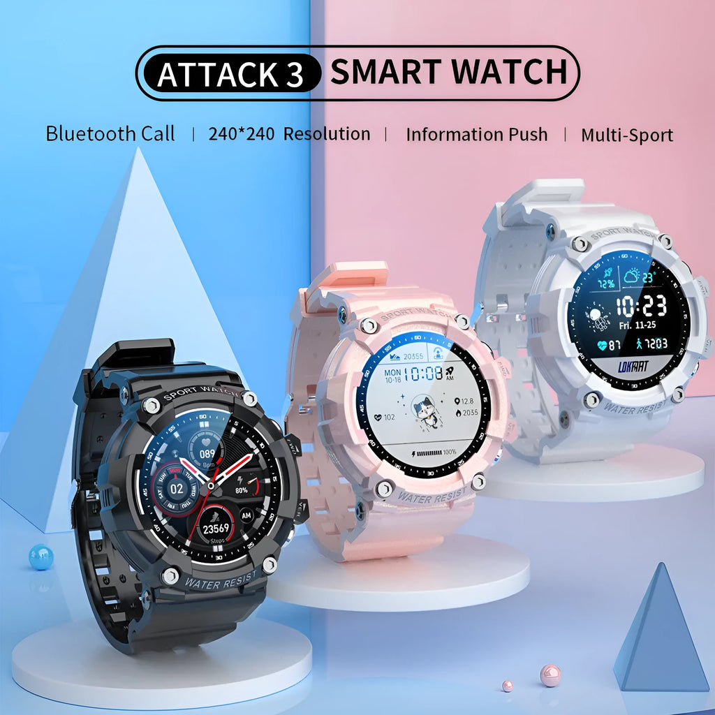 ATTACK 3 IP67 waterproof smart sports watch in black, white, or pink with round 1.28-inch screen and TPU strap.
