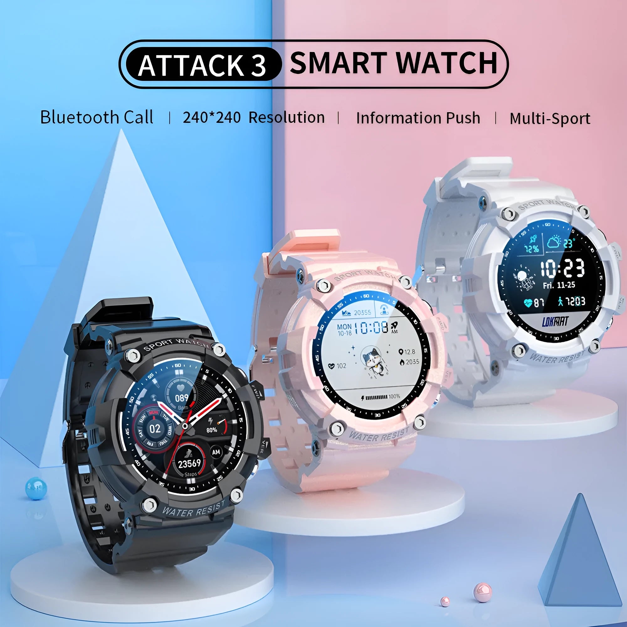 ATTACK 3 IP67 waterproof smart sports watch in black, white, or pink with round 1.28-inch screen and TPU strap.