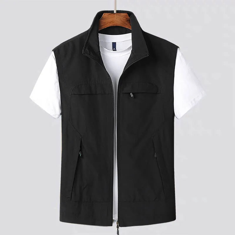 Men's striped waterproof hooded vest with multiple patch pockets in khaki colour