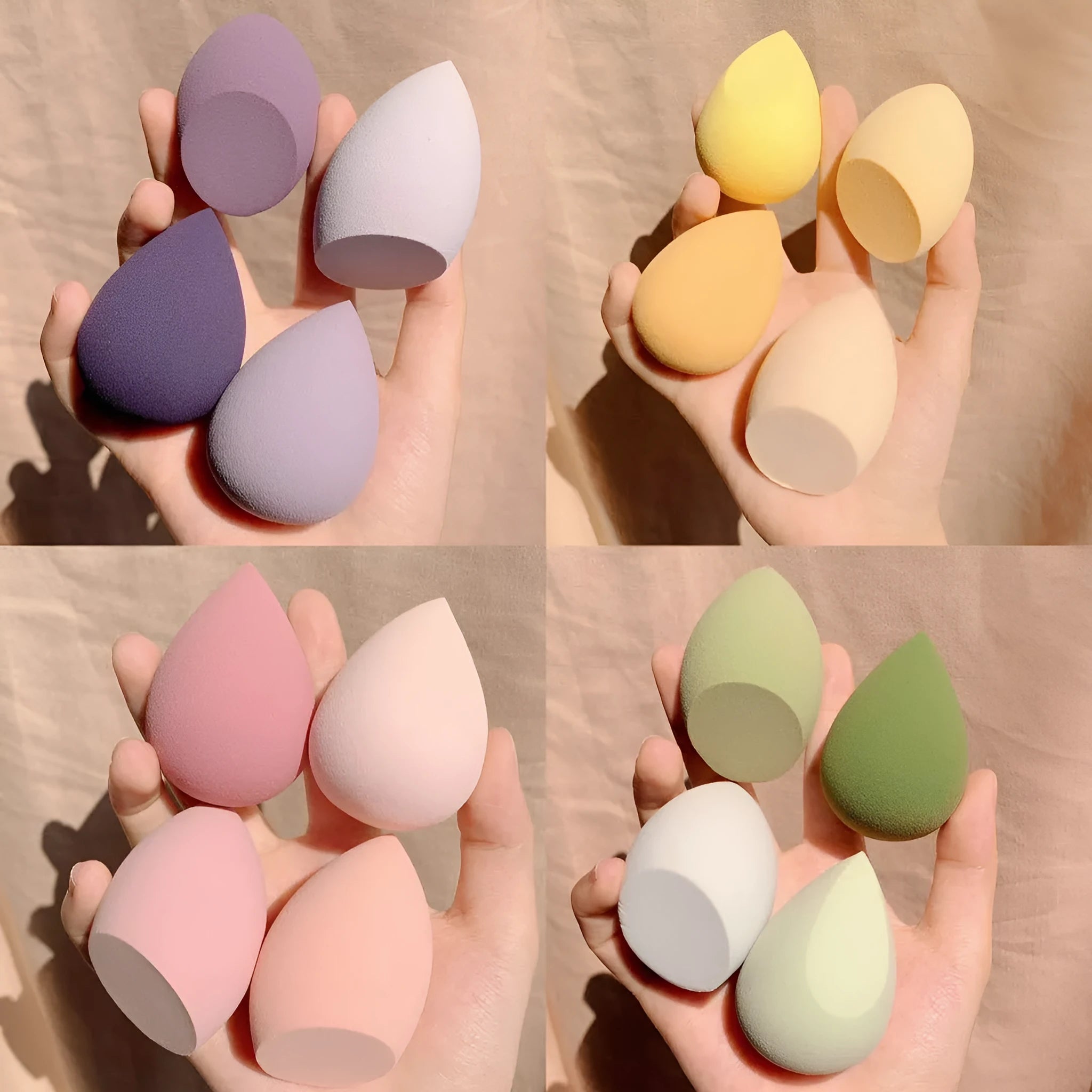 Box containing four coloured synthetic makeup sponges (grape, mango, mint, peach) each roughly 6cm in size.
