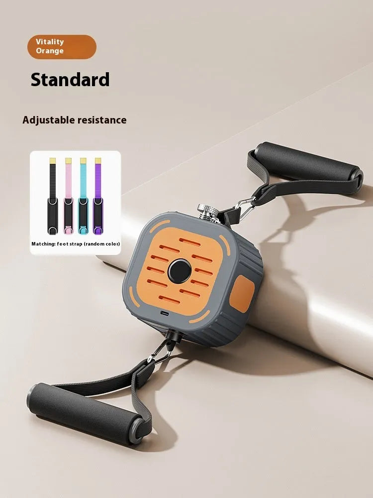 Adjustable power pump chest expander fitness equipment in vibrant orange colour on a grey background.