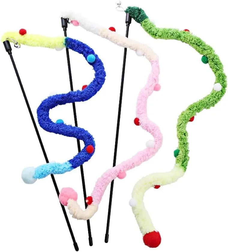 Interactive cat wand toy with colourful plush strip and bell for indoor feline play