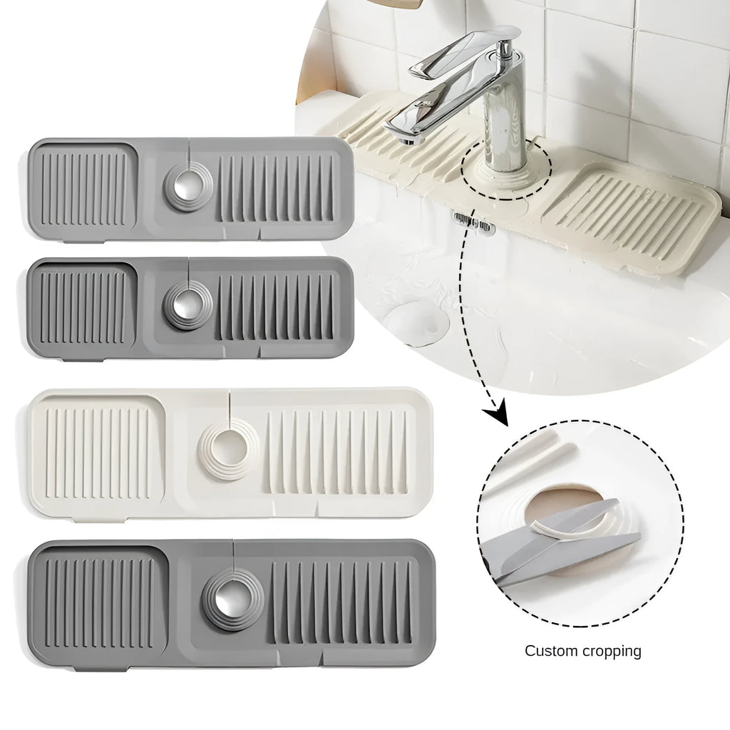 Silicone faucet splash guard pad in beige colour with sloped design and visible drain channels