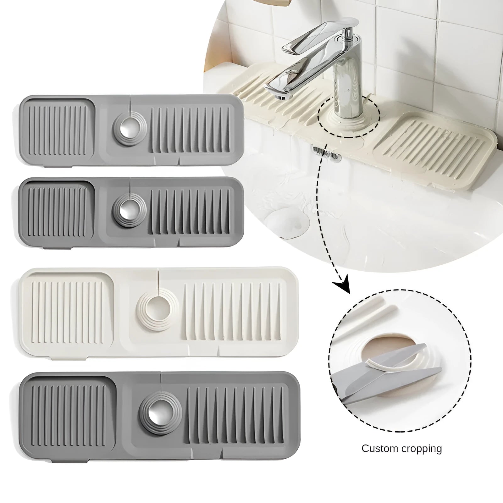 Silicone faucet splash guard pad in beige colour with sloped design and visible drain channels