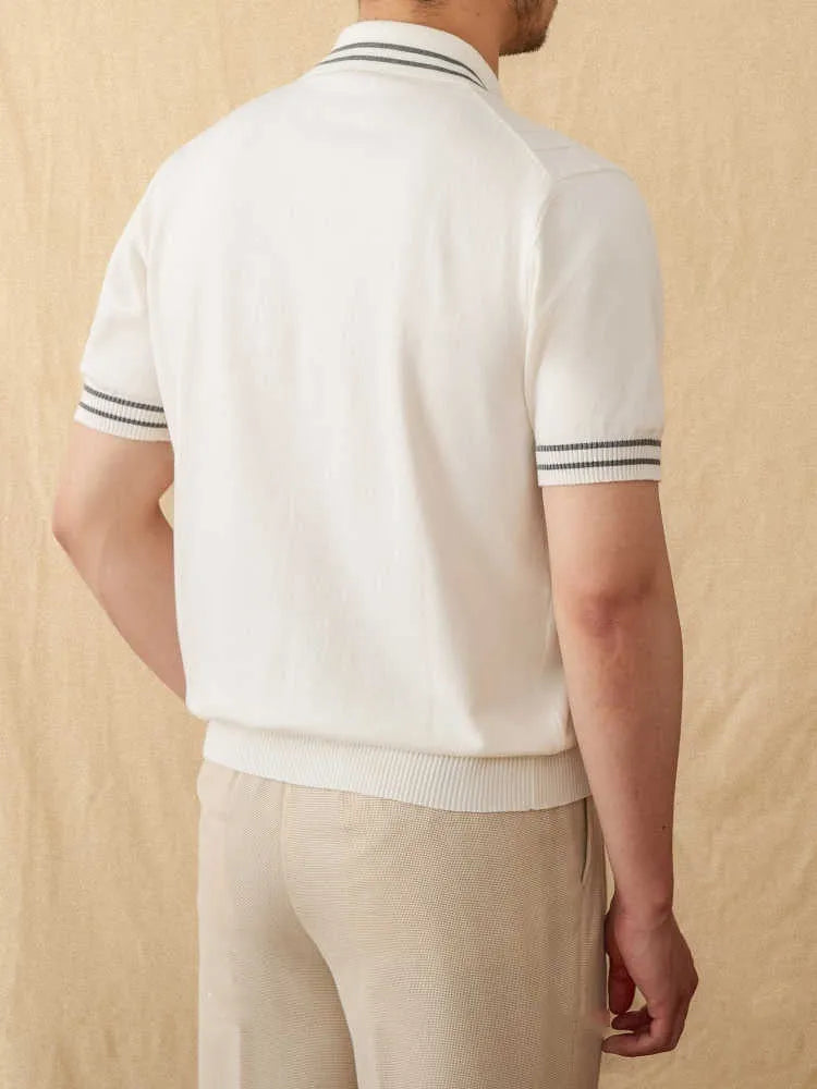 Men's short-sleeve lapel polo shirt in a thin cotton blend knit, shown in apricot, coffee, and white colours.