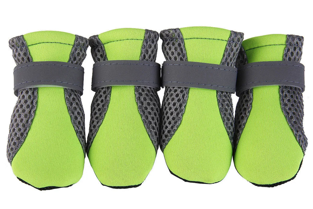 Waterproof dog shoes with reflective double magic wand strap, breathable mesh and rubber sole, in pink, black or green