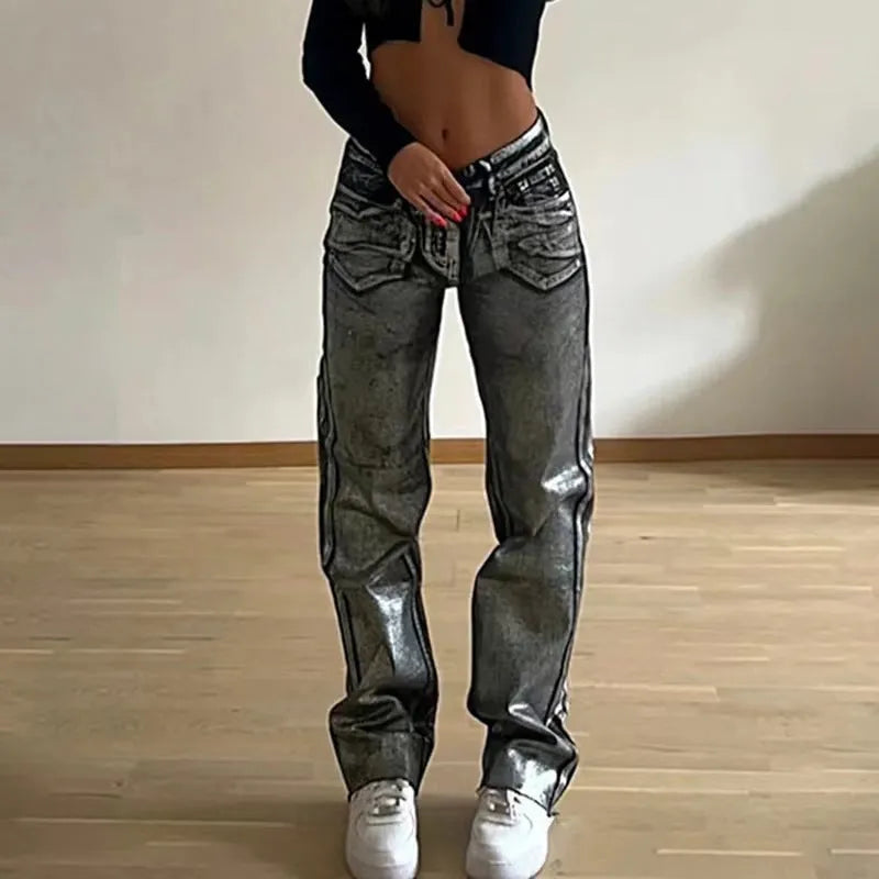 Washed blue high waist straight leg jeans with contrast colour street hipster styling