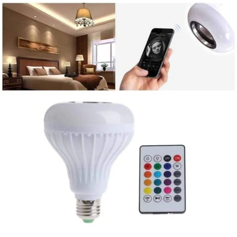 White Bluetooth smart light bulb with E27 base and remote control for 16 colour options and audio.