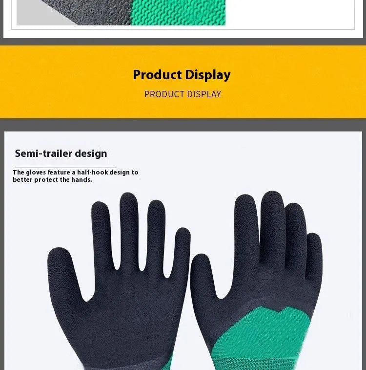 Black and green rubber work gloves, M size, showing textured palm for non-slip grip.