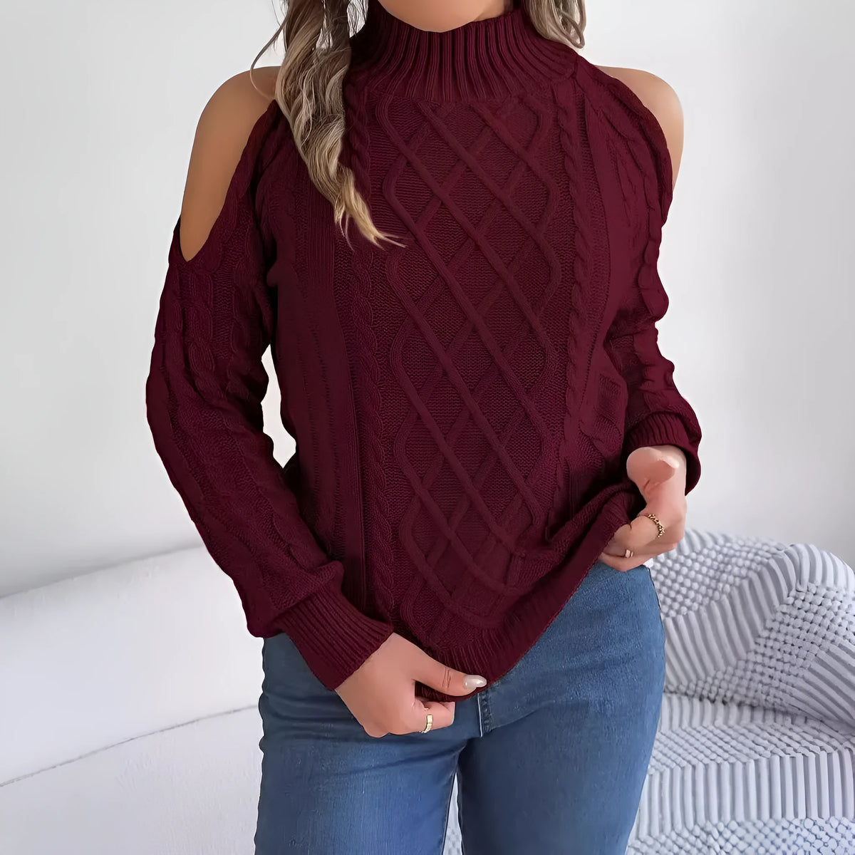 Gray women's twisted knit strapless sweater with half-high collar and long lantern sleeves