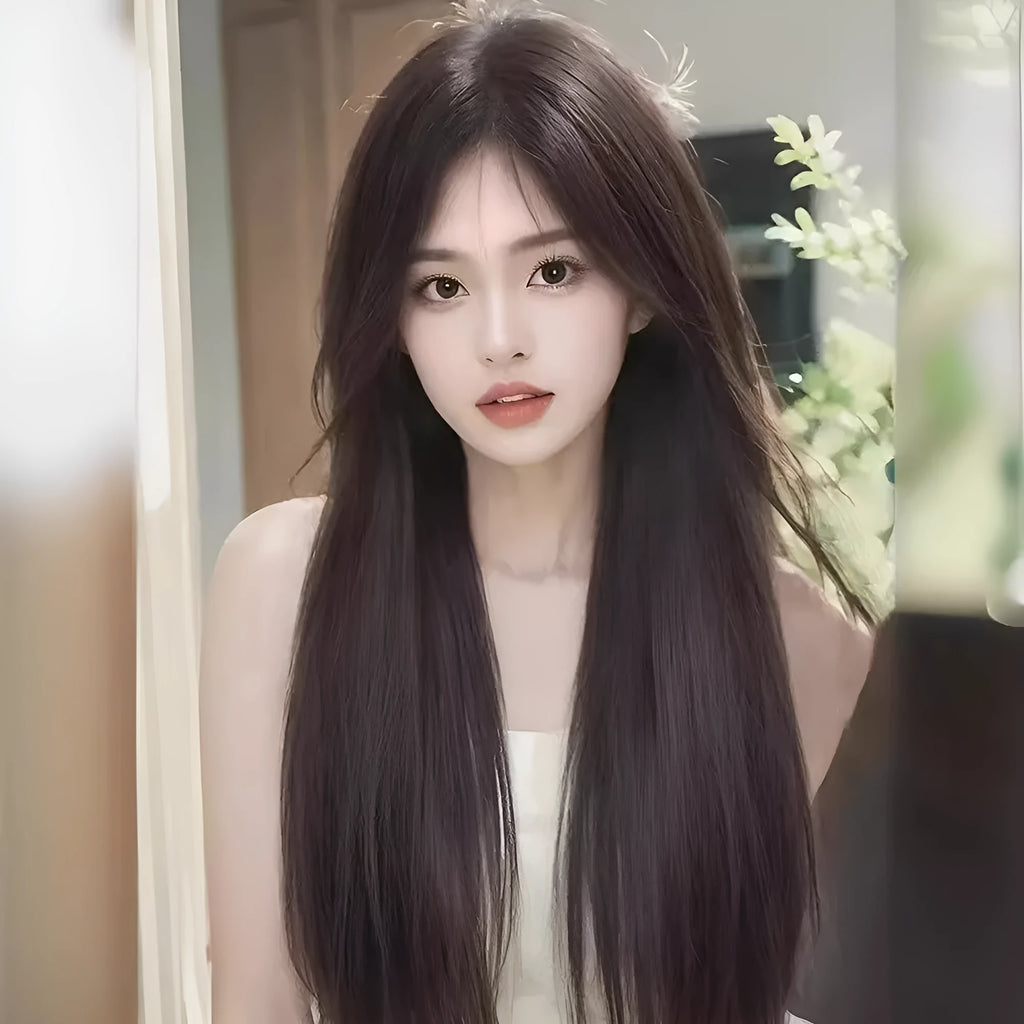Forehead lace long straight full-head wig with side bangs in high temperature fibre material