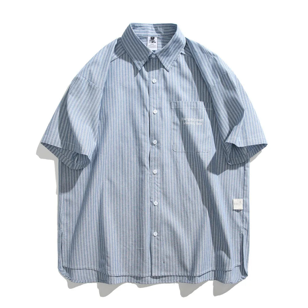 Blue and white striped loose-fitting short-sleeved shirt on a hanger