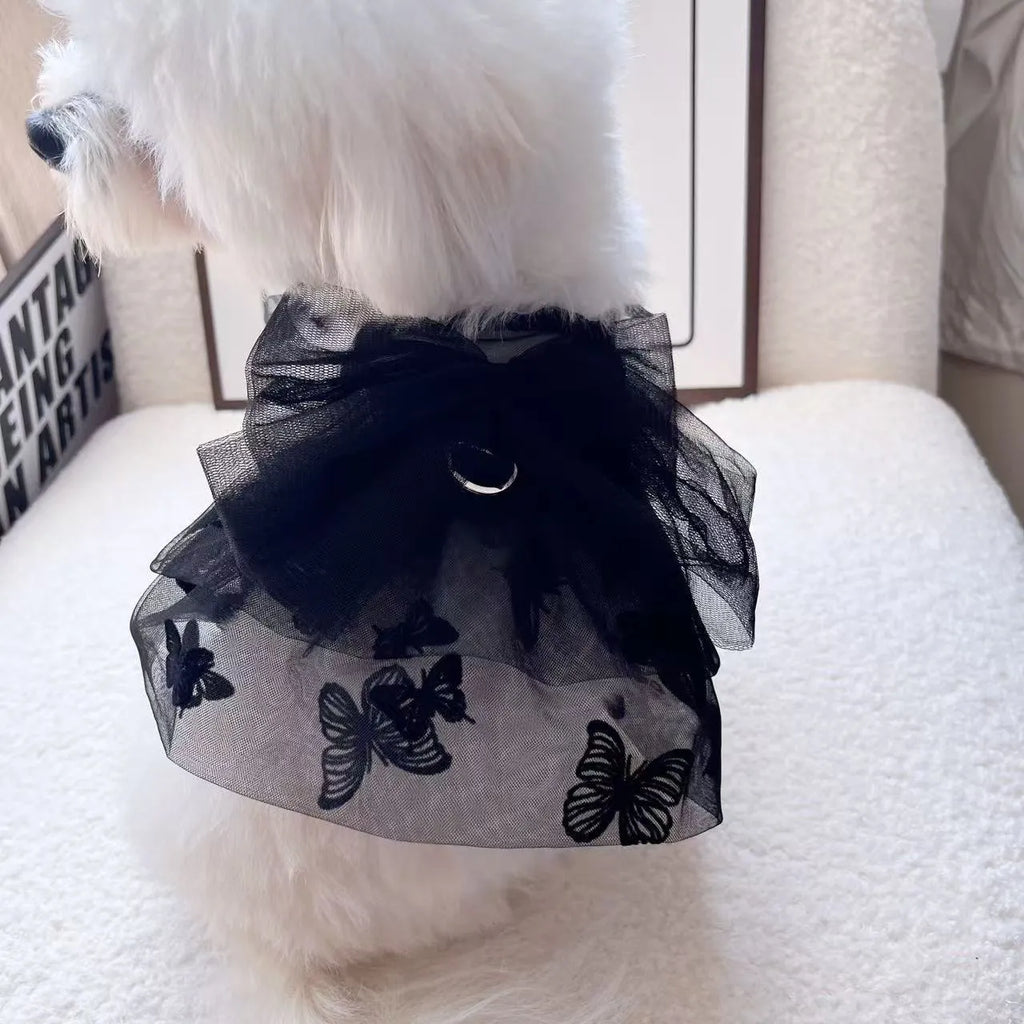 Black gauze princess tulle skirt for a small dog or cat on a mannequin, showing the layered design.