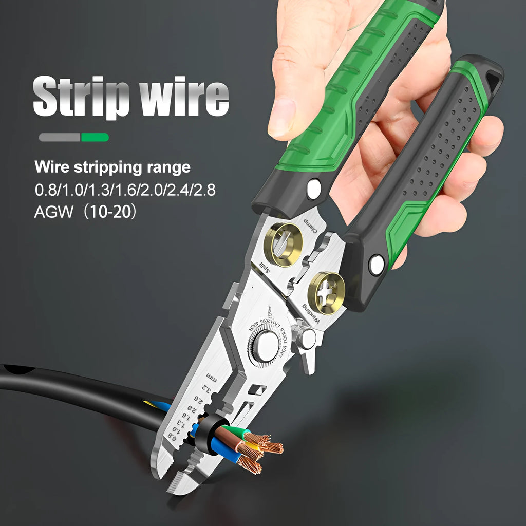Stainless steel multifunctional wire stripper with two-colour ABS handle, showing seven different wire stripping ports.