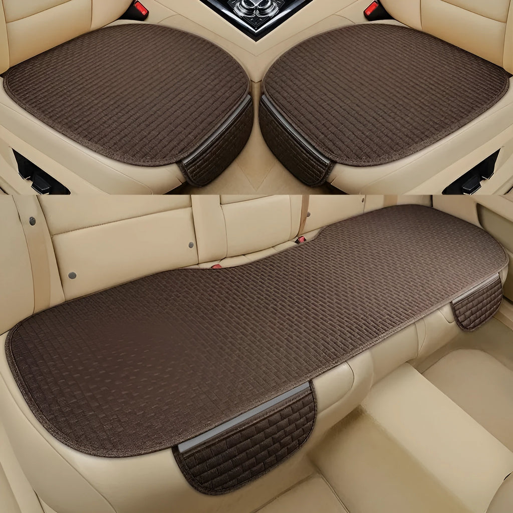 Linen plaid car seat cushion with hemmed edges in charm coffee colour on a car seat.