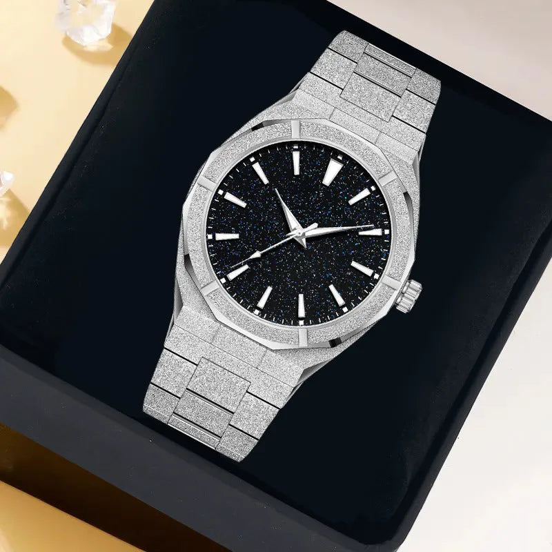 Men's stainless steel business watch with frosted case and luminous markers in black, gold, and silver colour options.