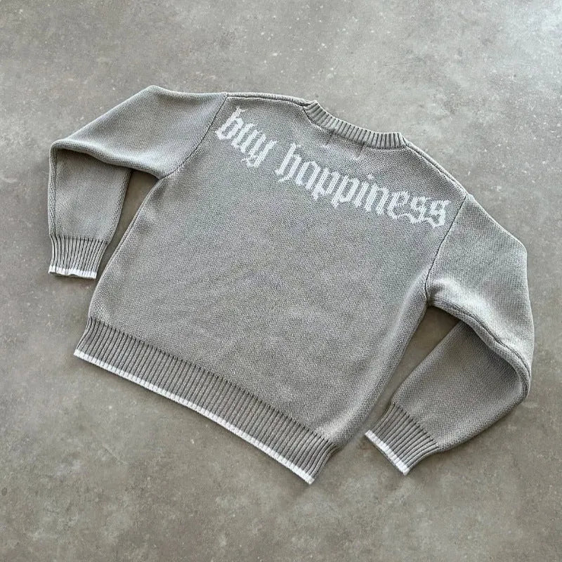 Grey loose-fitting jacquard knitwear coat with long sleeves for autumn and winter