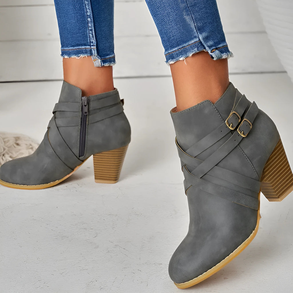 Grey PU leather short boots with a side zipper, belt buckle, and a 7cm thick rubber heel.