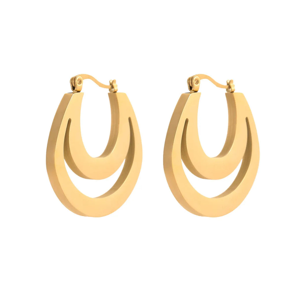 Geometric minimalist French earrings in gold or steel finish with round ring design elements