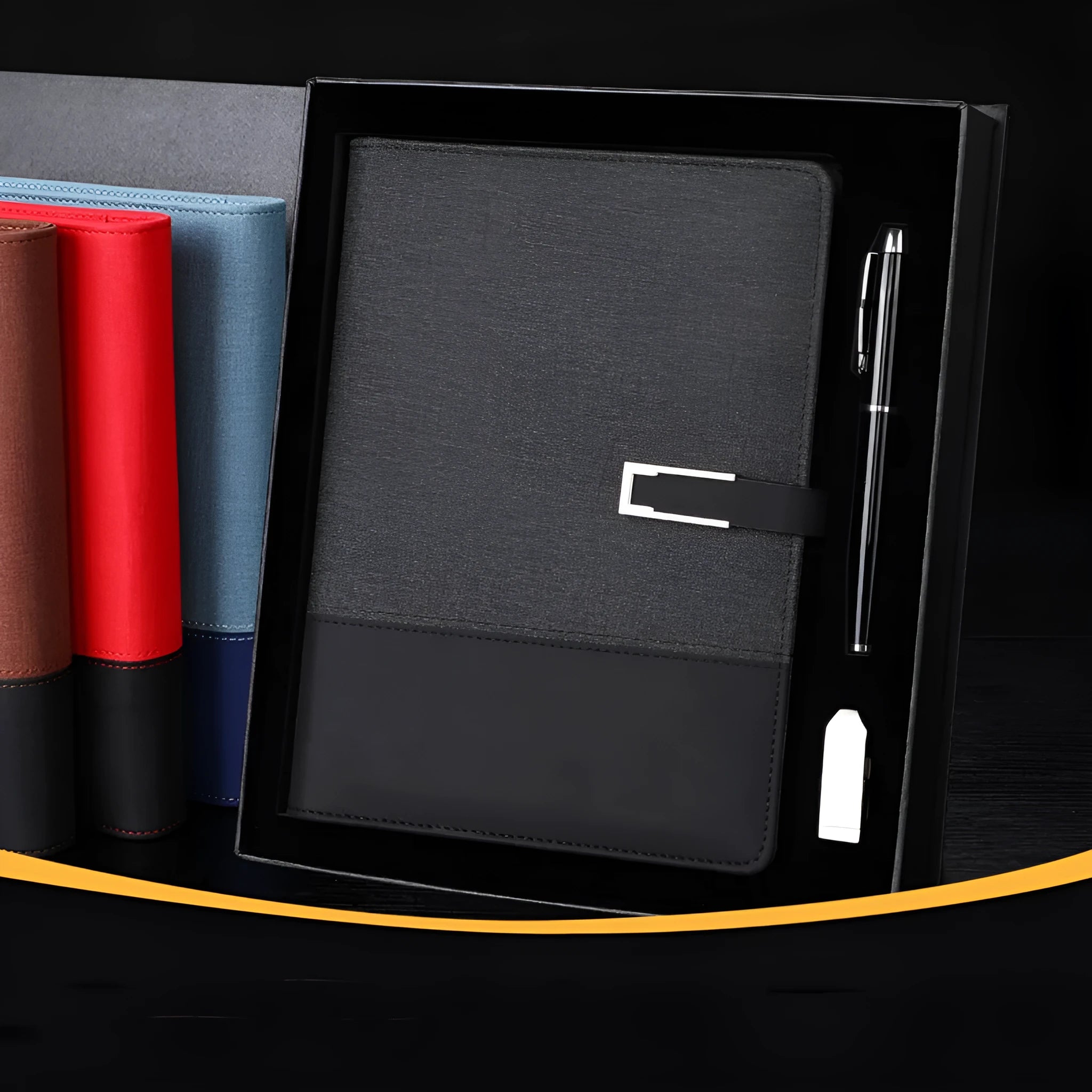 Genuine leather A5 business notebook with wood-free paper pages in multiple colour options including brown, black, green, blue, and red