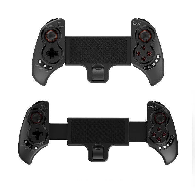PG-9023 wireless telescopic Bluetooth gamepad controller shown extended, compatible with iPhone and Android phones.