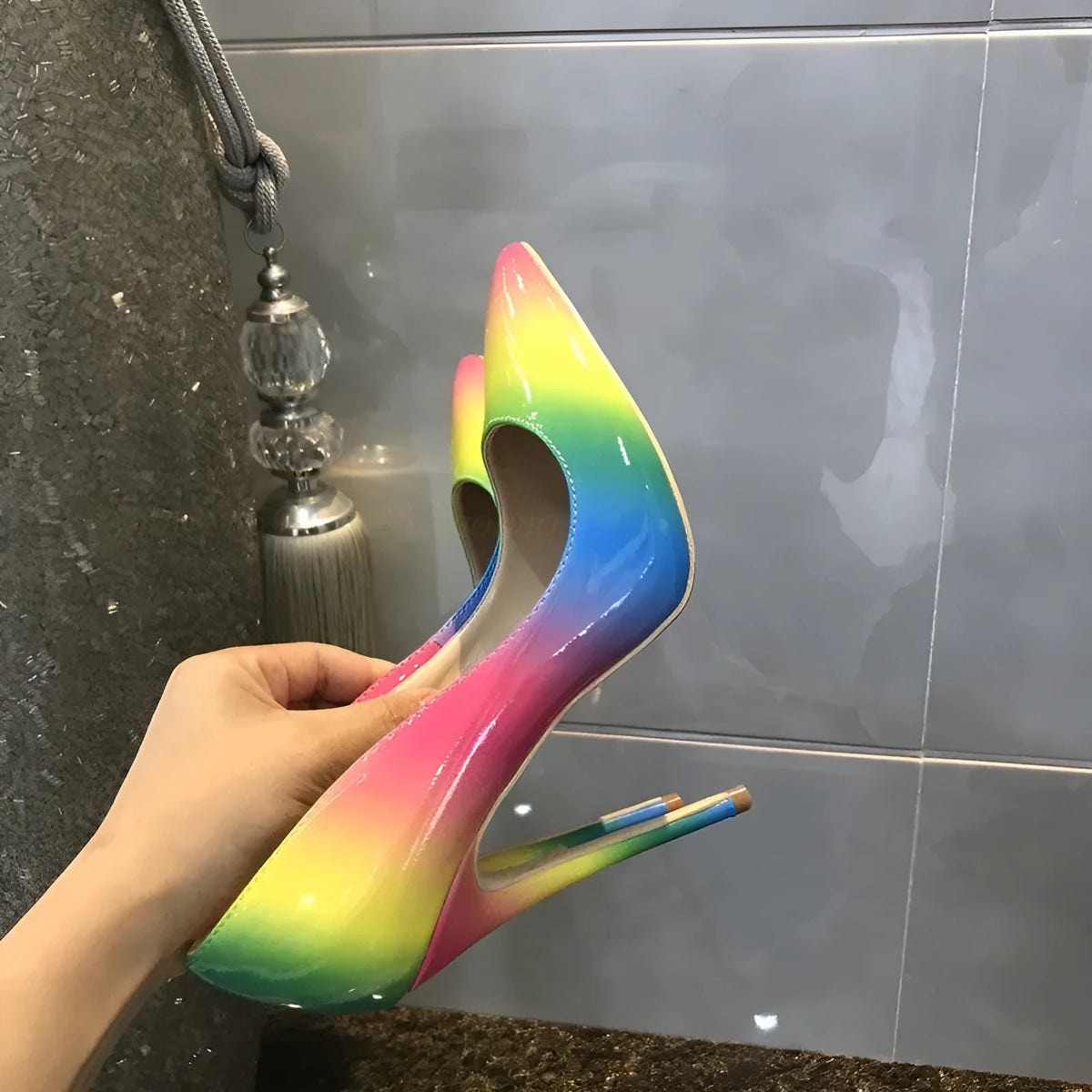 Rainbow coloured patent leather women's stiletto shoes with pointed toe and thin high heel