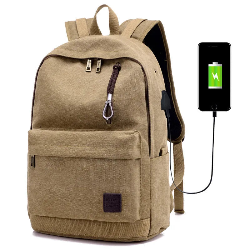 Canvas backpack with USB charging port in Coffee, Grey, Khaki, or Black colour.