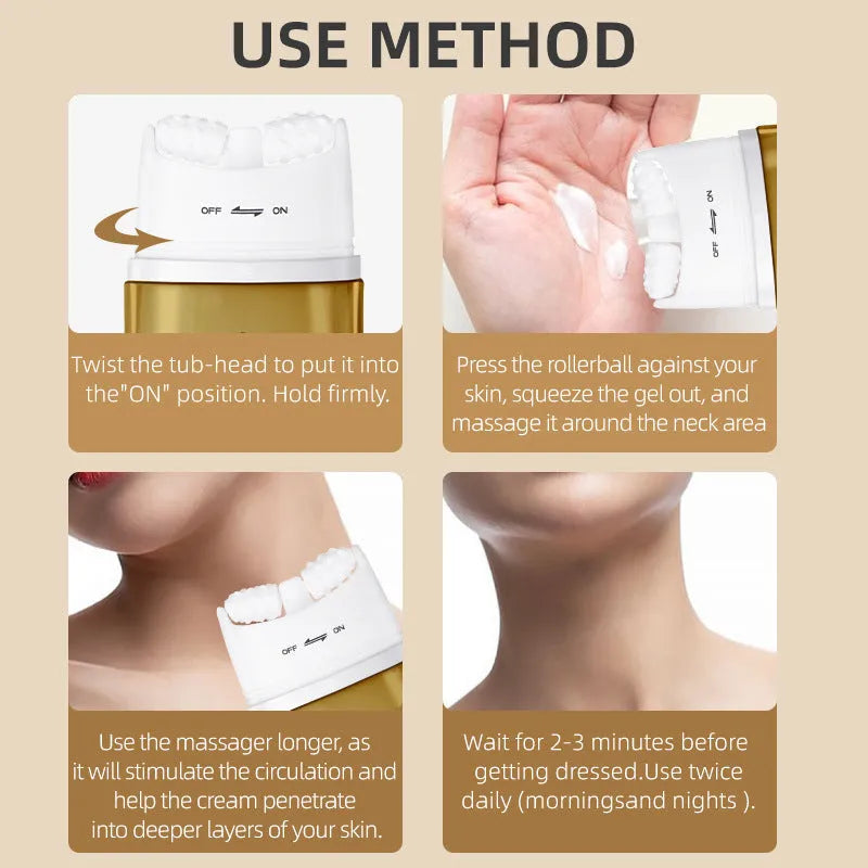 Neck moisturising cream with massage roller applicator for dry skin treatment