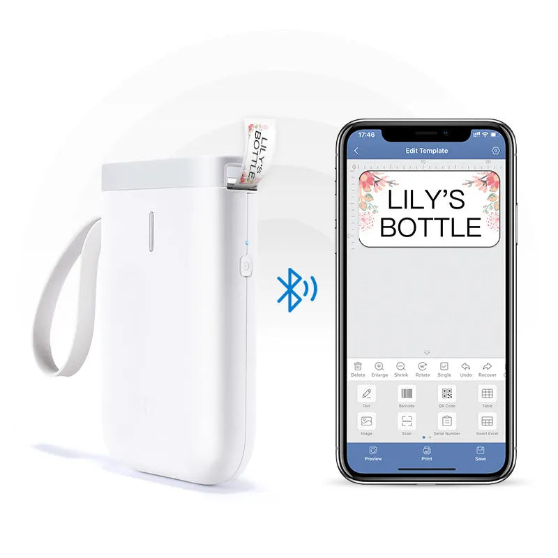 Compact D11 Bluetooth thermal label printer in black, with smartphone showing label design app.