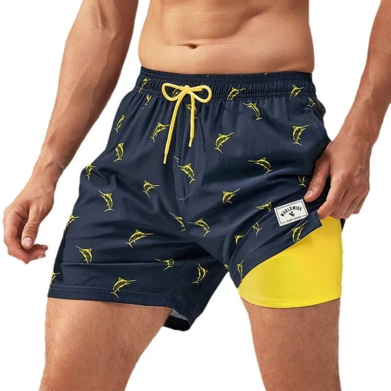 Men's loose quick-drying swimming trunks in floral pattern with boxer-style cut