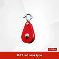 Red industrial lifting pulley with safety latch, forged from A3 steel.