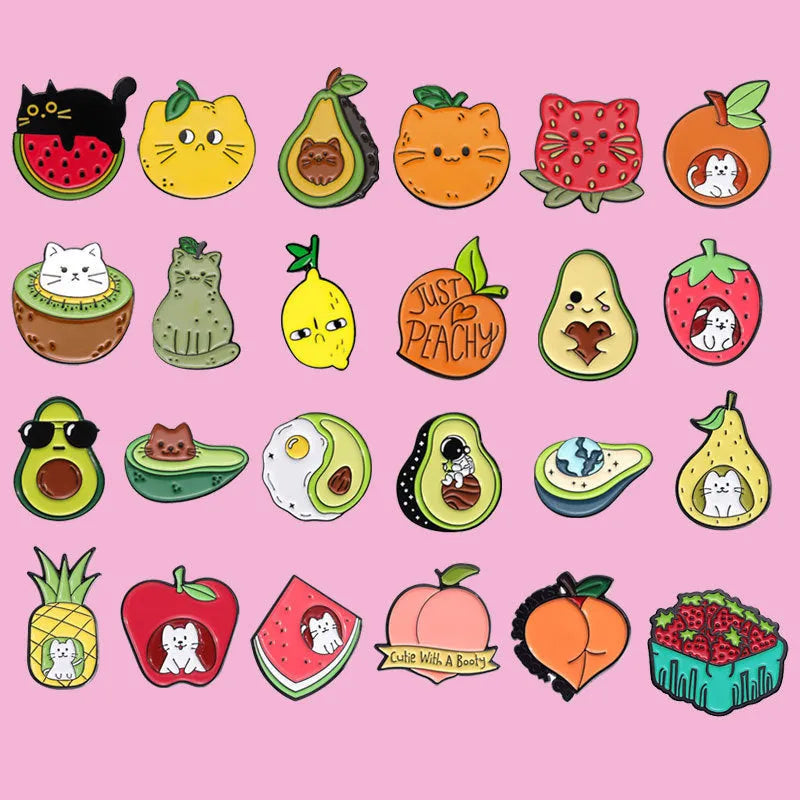 Colourful cartoon fruit and letter shaped zinc alloy decorative brooch.