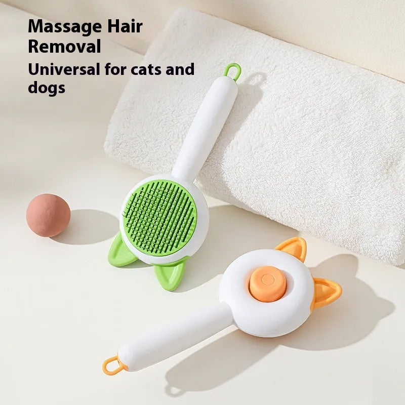 Self-cleaning pet brush with stainless steel bristles in greenish white colour