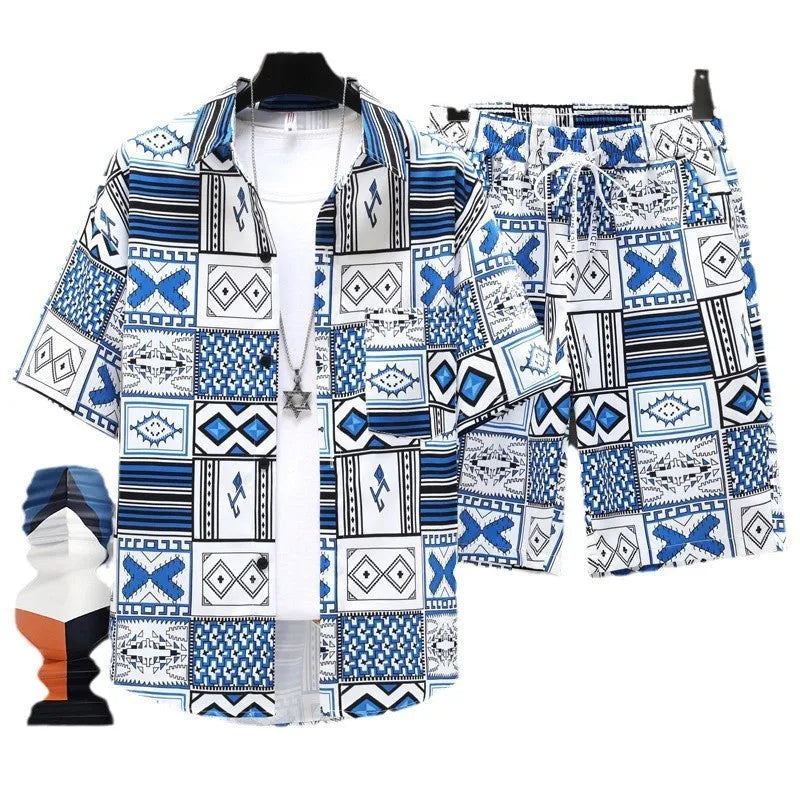 Men's casual sports two-piece set featuring a short sleeve top and matching shorts in a colour swatch.