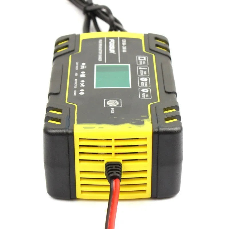12V 24V battery charger unit with screen display showing charging parameters