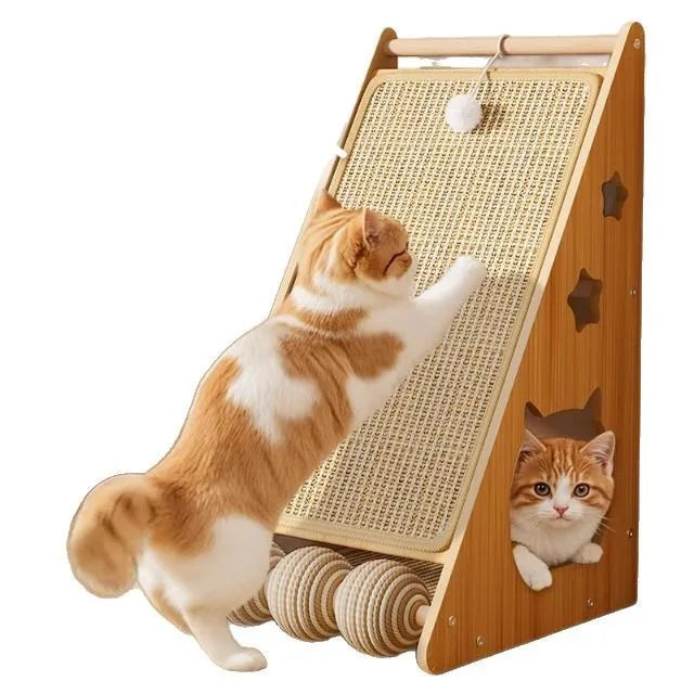 Vertical cat scratch board with funny ball style and hemp rope surface