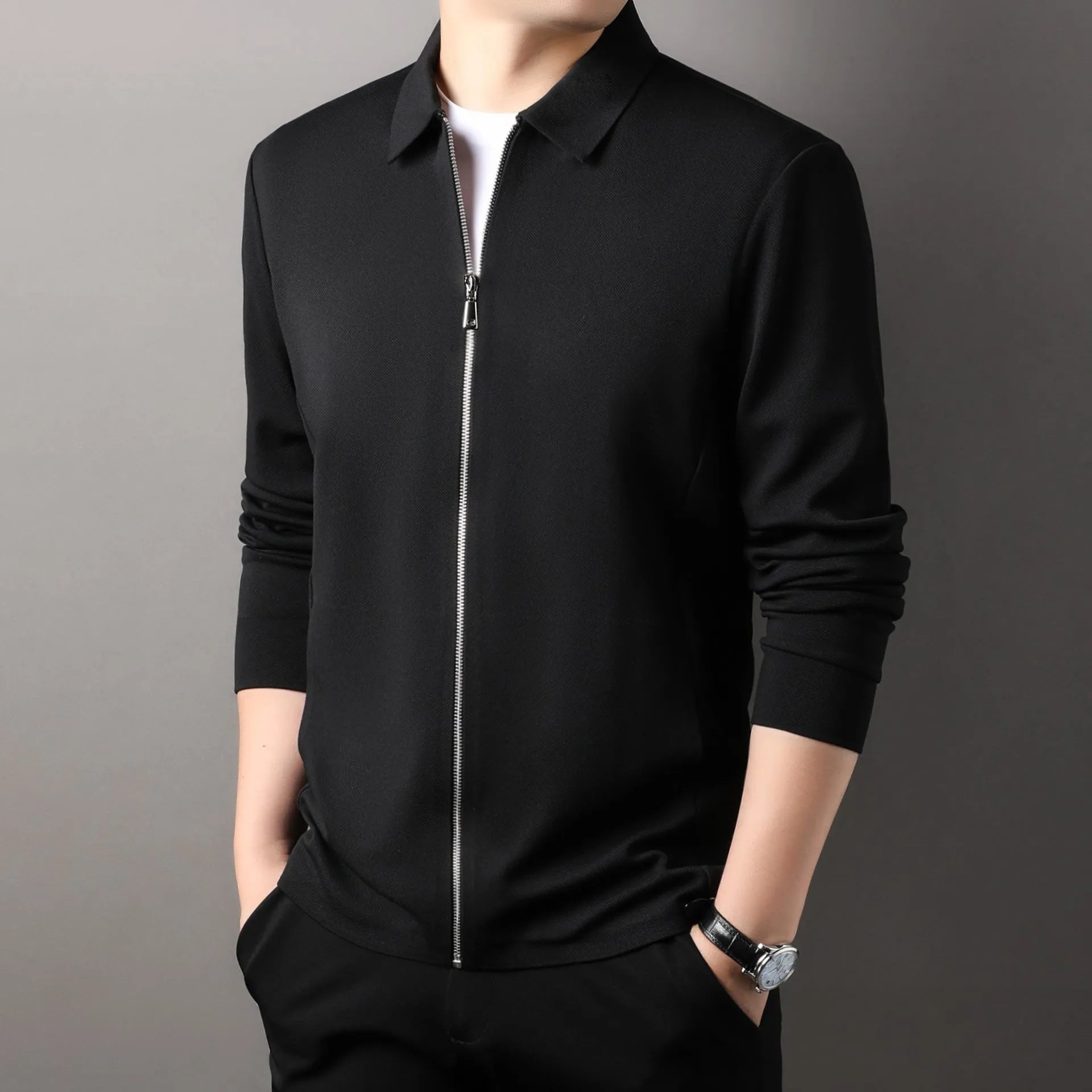 Men's apricot coloured business casual polyester jacket with straight hem on a hanger.