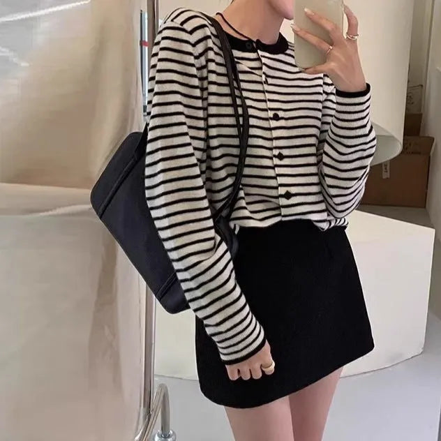 Women's dark grey and white striped cardigan with French styling, 40cm length slim fit design