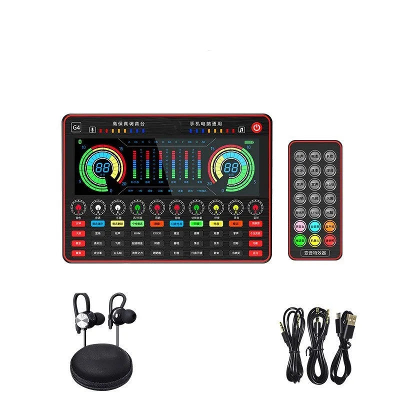 G4 professional USB sound card with LCD display, microphone, remote control and audio cables on a desk