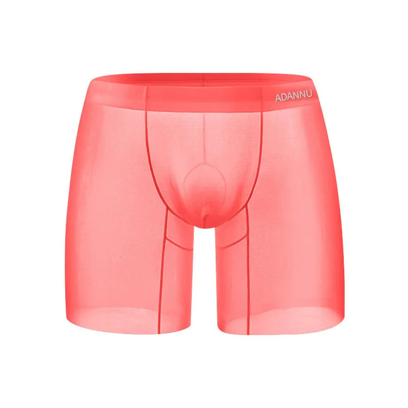 Men's ice silk boxer shorts in orange, pink and red colours with low-waist design