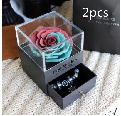 Preserved eternal rose and carnation gift box in glass display case for jewellery storage