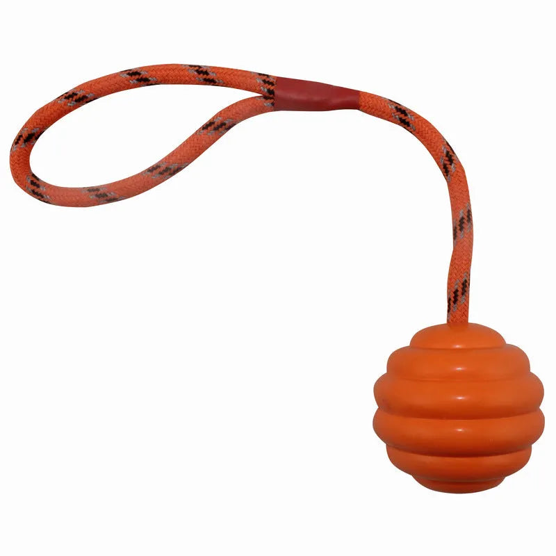 Multi-color rubber dog toy ball with rope knots measuring 6cm by 30cm