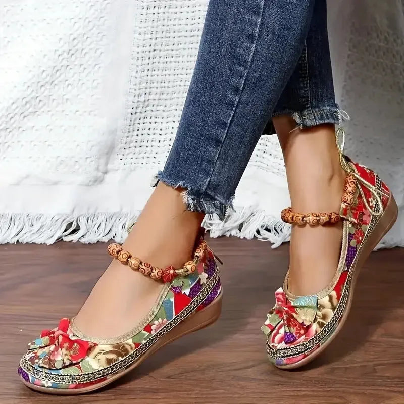 Women's plus size ethnic platform sandals with cloth upper and elastic band in black or red colours