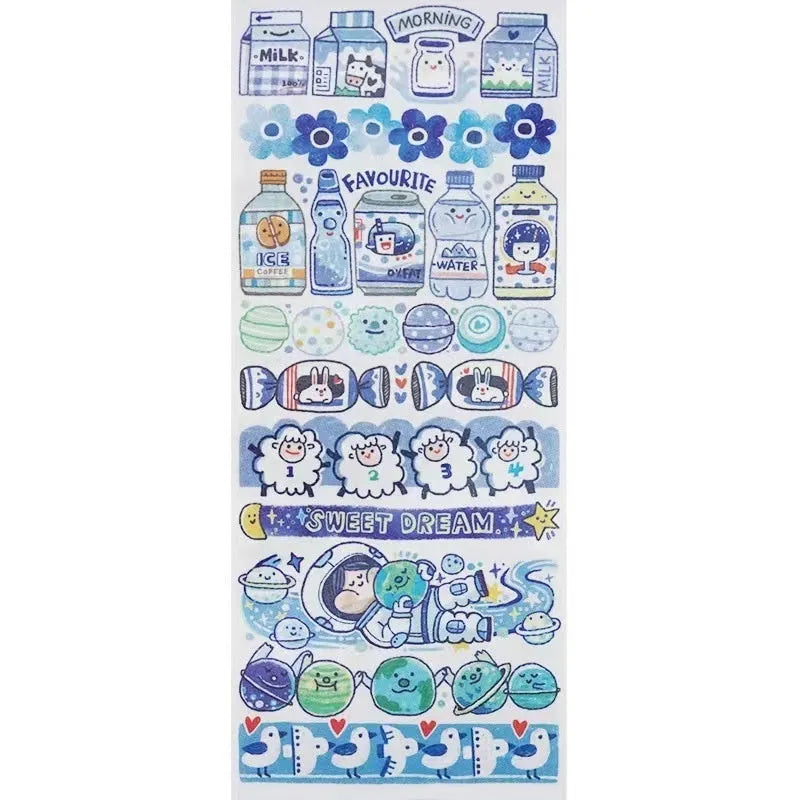 Sheet of cute cartoon character stickers with haemorrhoid tape packaging theme on Japanese paper.