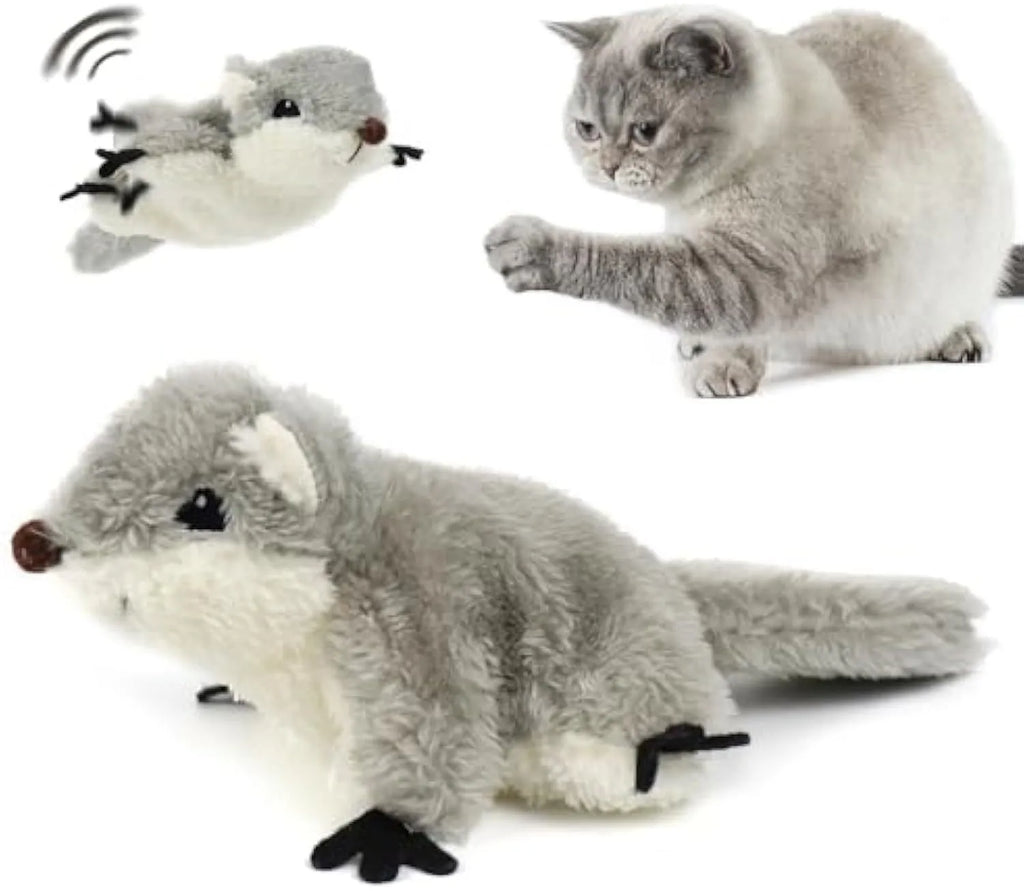 Grey flapping squirrel cat toy with waving wings and USB charging port