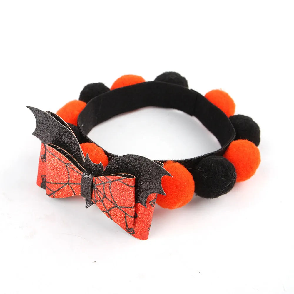 Halloween pet fur ball collar with pumpkin design in adjustable sizes for dogs and cats