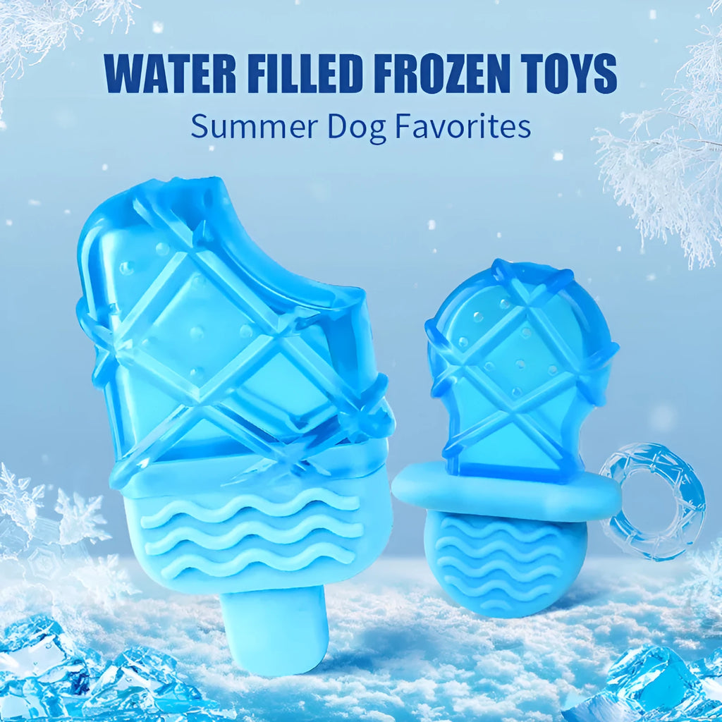 Three water-filled dog toys: a blue pacifier, a multicoloured popsicle, and an orange ring for freezing and chewing.