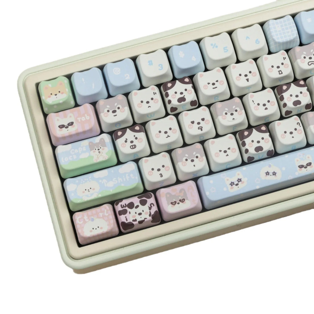 Full set of colourful PBT key caps for mechanical keyboards featuring cute puppy designs.