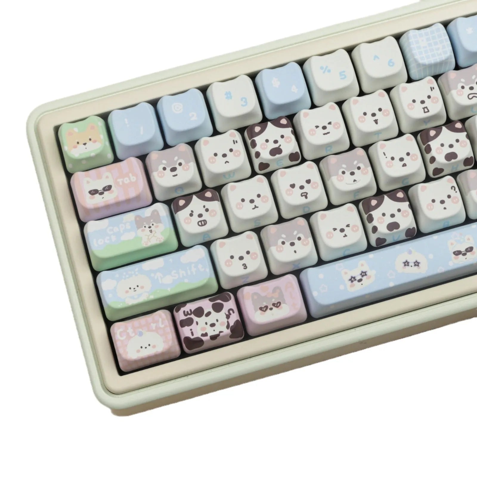 Full set of colourful PBT key caps for mechanical keyboards featuring cute puppy designs.